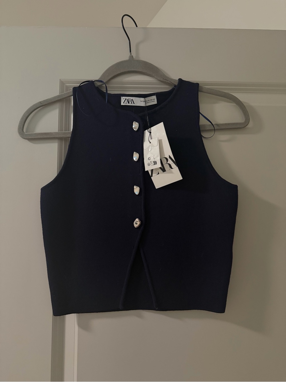 Zara Navy Sleeveless Button Crop Top